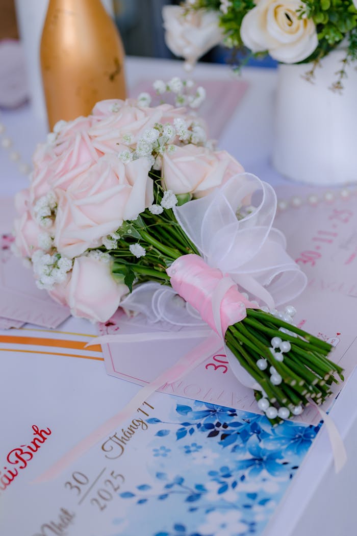 team-01 A beautiful bridal bouquet of pink roses and baby's breath on a decorated table, perfect for weddings.